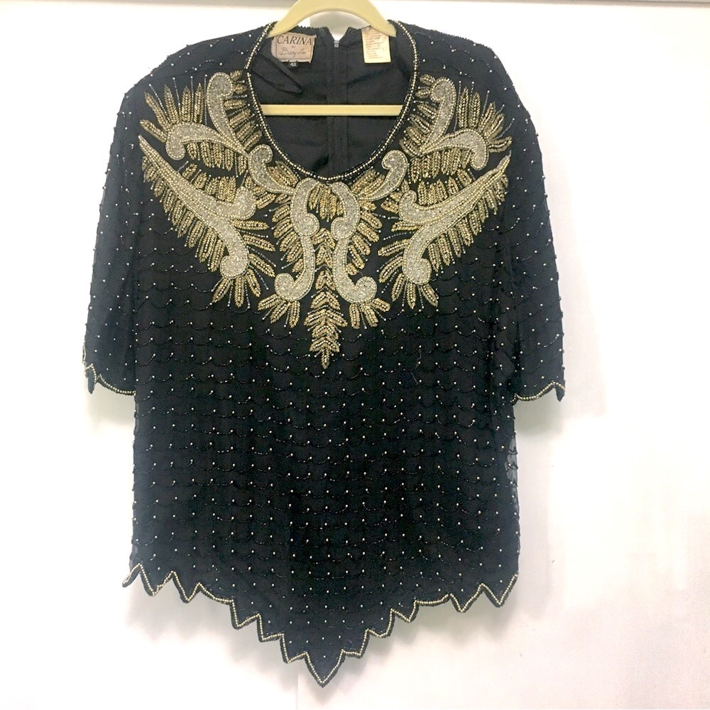 Vintage 80s 90s Silk Carina by Barry Lee Black beaded top sequin Plus Size 4X